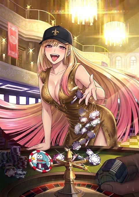 Anime-style artwork of a blonde woman in a gold dress and black cap smiling at a casino-style roulette table with chips and game tokens.