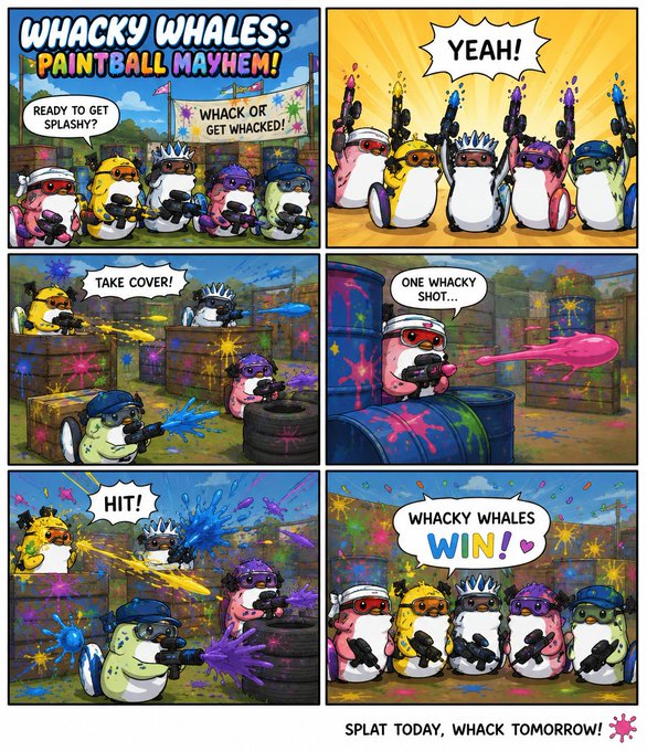 A comic strip titled "WHACKY WHALES: PAINTBALL MAYHEM!" showing cartoon whales in a paintball battle with speech bubbles like "READY TO GET SPLASHY?" and "WHACKY WHALES WIN!"