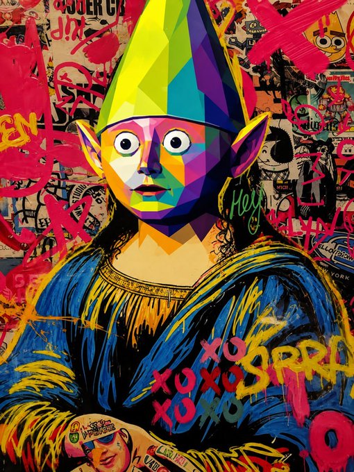 A vibrant pop-art style portrait featuring a woman with colorful geometric face paint, pointed ears, and a tall pointed hat, set against a graffiti-covered background with 'XOXO' text.