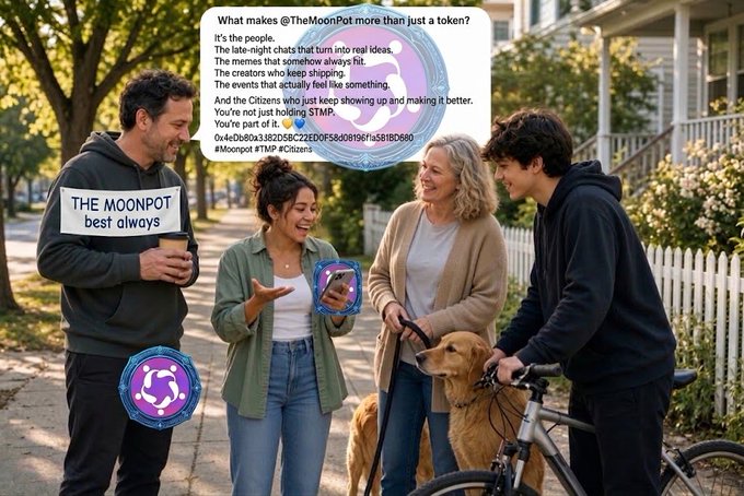 A promotional image for a cryptocurrency called '@theMoonPot' featuring four people, two dogs, and a bicycle on a suburban street, with overlaid text describing the token as 'more than just a token' and listing community attributes.