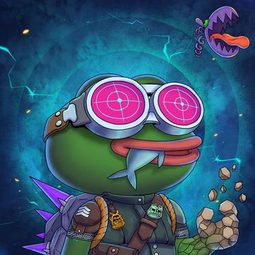 The image features a stylized, armored Pepe the Frog character wearing pink targeting-scope goggles and futuristic gear, with a floating purple tentacled creature and a purple planet in the background. It visually matches the adventurous, trending-takes-over tone of the "@PepeExplorers" post, presenting Pepe as an explorer on a cosmic mission.
