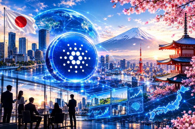 A futuristic digital collage featuring a glowing blue globe made of dots, the Japanese flag, Mount Fuji, Tokyo Tower, a pagoda, cherry blossoms, and silhouetted figures meeting in a modern office space.