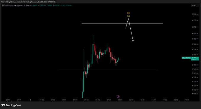 TradingView chart of ZECUSDT Perpetual Contract showing price action around 1,153-1,230 range with bearish annotations including 'OB' labels and a downward arrow indicating a potential short setup.