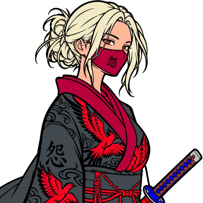 An anime-style illustration shows a character with blonde hair in a bun, wearing a red face mask and a black and red kimono with crane and kanji designs.