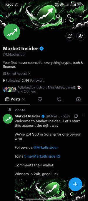 A screenshot of a Twitter/X profile for 'Market Insider' (@MrketInsider) with a green arrow logo, showing a pinned post offering $50 in Solana to one follower.