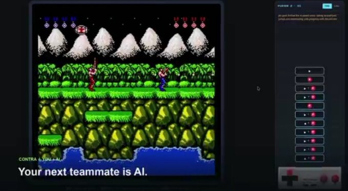 A screenshot of a retro 8-bit video game featuring two characters on a grassy platform, with the subtitle 'Your next teammate is AI.' and a control panel on the right.