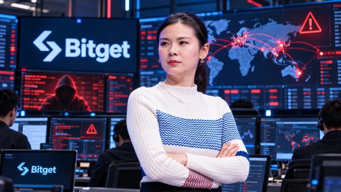 A woman in a white and blue striped sweater stands with crossed arms in front of a digital screen displaying the 'Bitget' logo, a world map, and a hooded figure with warning symbols.