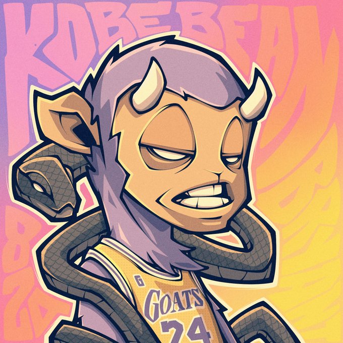 A stylized cartoon illustration of a horned purple mascot character wearing a yellow "GOATS 24" jersey, with "KOBE BEE" graffiti text in pink and purple tones.