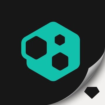 A graphic icon featuring a teal, rounded hexagonal shape with three dark hexagonal cutouts arranged in a cluster on a black background with a peeling corner effect.