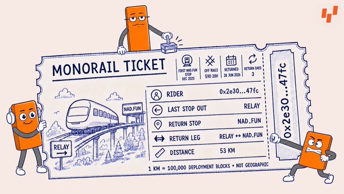 A 'MONORAIL TICKET' graphic for rider '0x2e30...47fc' with stops NAD.FUN and RELAY, First Monorail Stop Dec 2025, Off Rails SYD 2011, Returned 26 Jun 2026, and a distance of 53 KM (1 KM = 100,000 deployment blocks).