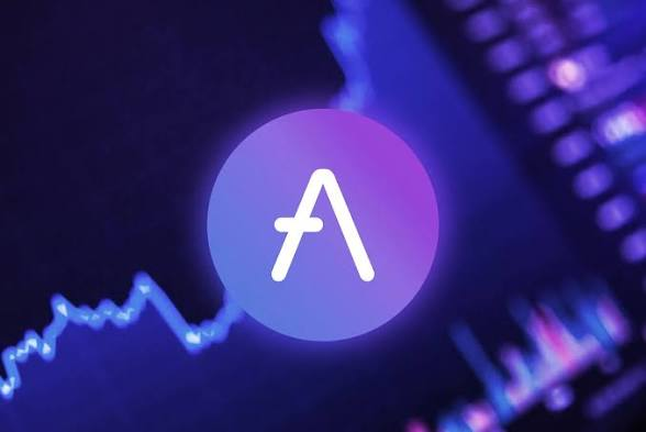 A stylized logo featuring a white 'A' inside a purple-to-pink gradient circle, set against a dark background with blue and purple financial chart lines and candle graphs.