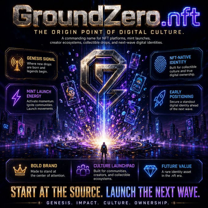 A promotional graphic for 'GroundZero.nft' advertising it as 'THE ORIGIN POINT OF DIGITAL CULTURE' with features like Genesis Signal, NFT-Native Identity, Mint Launch Energy, and Early Positioning.
