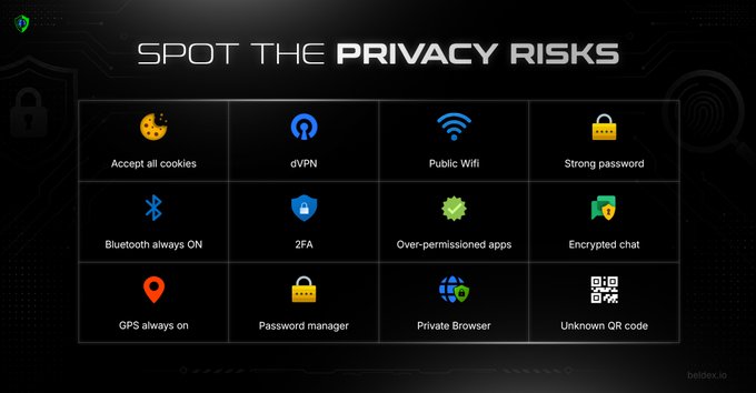 A dark-themed infographic titled 'SPOT THE PRIVACY RISKS' displays a grid of 12 icons representing digital security topics, including cookies, VPN, public WiFi, passwords, Bluetooth, 2FA, app permissions, encrypted chat, GPS, password managers, private browsers, and QR codes.