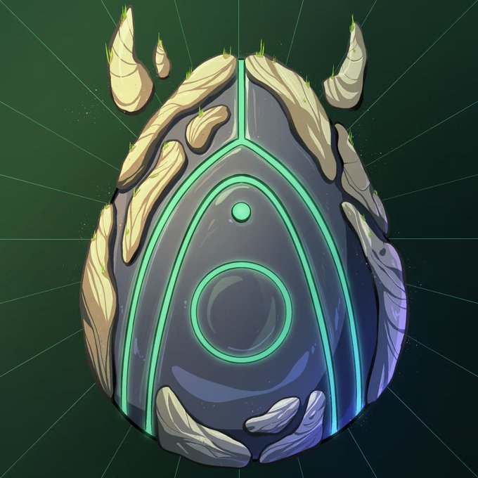 An illustration of a futuristic, egg-shaped technological artifact featuring glowing green accents and encrusted with rocky formations.