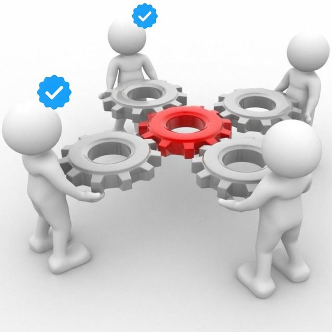 Four white 3D figures join together a red center gear with gray gears, while two figures display blue verification checkmarks above their heads—visually representing the "verified or not verified" theme of the post.