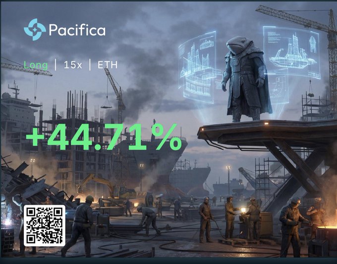 A Pacifica promotional image showing a "+44.71%" profit on a "Long | 15x | ETH" trade, set against a dystopian industrial backdrop featuring a hooded figure overseeing holographic projections of a ship. The futuristic, heavy-industry aesthetic underscores the post's sarcastic tone about an unusually profitable ETH trade rather than the expected SOL position.