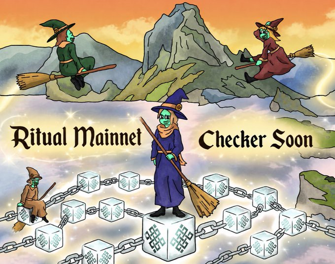 An illustration shows green-skinned witches flying on broomsticks above chains of cubes, with the text 'Ritual Mainnet Checker Soon'.