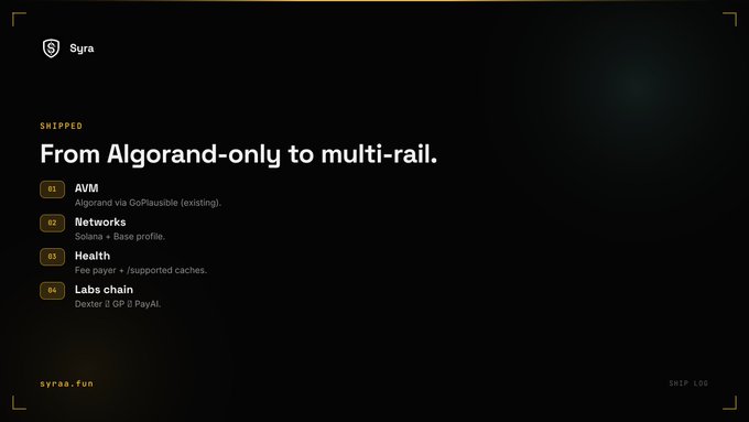 A dark-themed slide titled "From Algorand-only to multi-rail." with bullet points for AVM (Algorand via GoPlausible), Solana + Base, Health, and Labs chain (Dexter), branded with "Syra" and "syraa.fun".