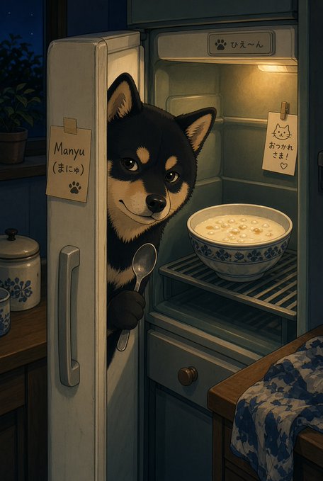 Illustration of a Shiba Inu dog peeking out of a refrigerator holding a spoon, with a bowl of food and notes labeled 'Manyu' and Japanese text.