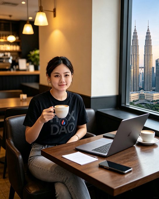A woman wearing a black "MX DAO" t-shirt sits in a Kuala Lumpur café holding a coffee cup, with her laptop and the iconic Petronas Twin Towers visible through the window—perfectly capturing the post's theme of Malaysian coffee shops serving as real-life Web3 offices where founders pitch seed rounds and code in multiple languages side by side.