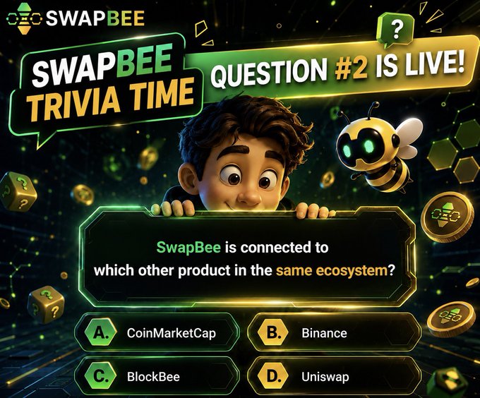 A promotional trivia graphic for SwapBee featuring a cartoon boy and glowing bee mascot, displaying Question #2: "SwapBee is connected to which other product in the same ecosystem?" with four multiple-choice answers—A) CoinMarketCap, B) Binance, C) BlockBee, and D) Uniswap. The design, branded with the SwapBee logo and "Trivia Time" banner, complements the social media post inviting followers to answer the trivia for a chance to win by retweeting and tagging friends before July 22.
