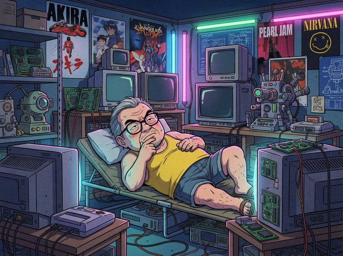 An illustrated cartoon depicts an older man in glasses reclining on a lounge chair surrounded by retro computer monitors, circuit boards, and vintage posters for 'AKIRA', 'PEARL JAM', and 'NIRVANA' in a neon-lit room.