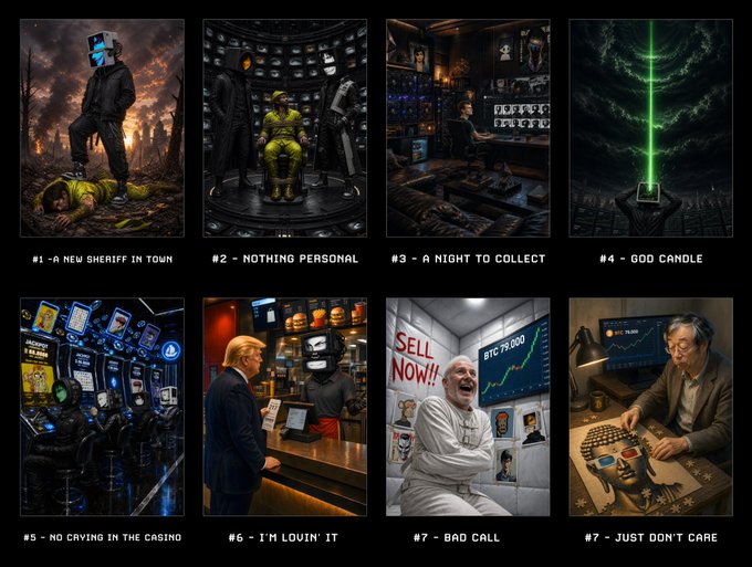 A collection of 8 AI-generated images with satirical titles including '#1 - A NEW SHERIFF IN TOWN', '#2 - NOTHING PERSONAL', '#3 - A NIGHT TO COLLECT', '#4 - GOD CANDLE', '#5 - NO CRYING IN THE CASINO', '#6 - I'M LOVIN' IT', '#7 - BAD CALL', and '#7 - JUST DON'T CARE'.