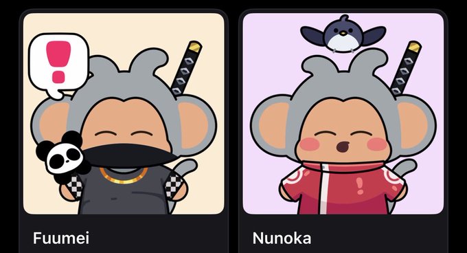 Two cartoon character cards labeled "Fuumei" (wearing a black ninja outfit with a panda) and "Nunoka" (in a red tracksuit with a bird on her head), each with a sword.