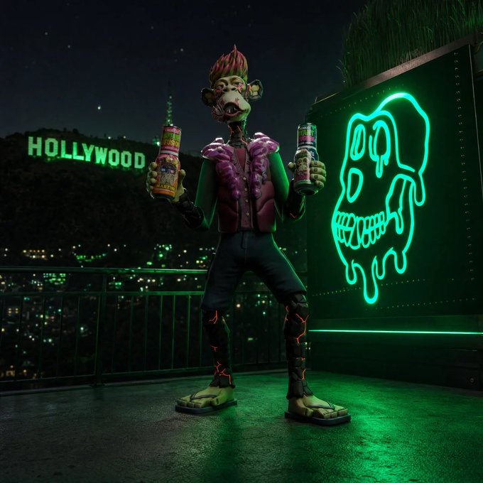 A menacing monkey-like figure holds two cans on a balcony at night with the 'HOLLYWOOD' sign visible in the background and a green neon skull sign nearby.