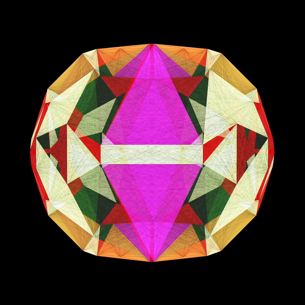 The image features a 3D rendering of a geometric shape, which appears to be a diamond or a polygon with multiple sides. The shape has a pink center surrounded by green and red lines that create a sense of depth and dimensionality. The image is accompanied by text that reads "I'VE TAKEN THE POLYGON FOUND IN THE pendulum drawings OF EMMA Kunz AND TRANSFORMED IT INTO 3D SPACE." This suggests that the artist has taken inspiration from the Pendulum method, which involves drawing a series of connected lines to create a sense of movement and energy. The image is presented in a way that highlights its geometric nature while also incorporating elements of color and depth through the use of different line colors.