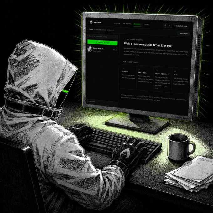 A hooded figure drawn in sketch style sits at a monitor displaying the HoodiGram "Botfather" interface, with visible text "Pick a conversation from the rail" and a "START CHAT" button highlighted in green. The masked observer mirrors the anonymized encryption concept described, reflecting how messages are sealed on-device before only an unreadable receipt reaches the Robinhood Chain.