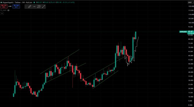 A weekly TradingView chart for HYPE/USDT showing price action within an ascending parallel channel, with the price near $85.68.