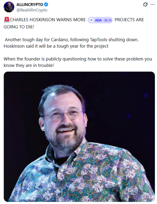 The image features a man wearing glasses and a floral shirt smiling at the camera. The caption of the image reads, "Expert ALLINCRYPTO Says Cardano Is in Trouble After Hoskinson’s Bold Declaration". This statement is made by an expert in cryptocurrency who has noticed that some ecosystem platforms, such as TapTools and JPG. store, have shut down due to the collapse of Cardano projects. The expert attributes this collapse to the founder's bold declaration about Cardano being in trouble.