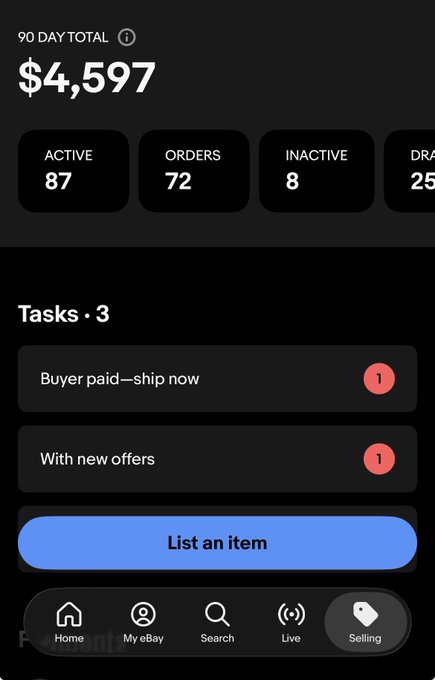 A mobile app dashboard showing a 90-day total of $4,597 with 87 active listings and 72 orders, featuring eBay selling interface elements and tasks including 'Buyer paid—ship now'.