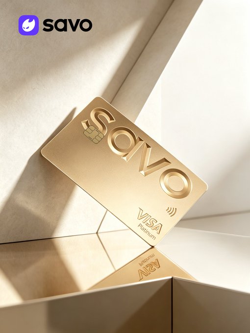 A gold SAVO Visa Platinum credit card rests on a beige reflective surface with the SAVO logo (purple icon) displayed in the upper left corner.