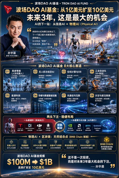 "Sun Ge @sunyuchentron is truly badass! Every money-making opportunity seems to involve him. A few years ago, he hyped up storage, and now storage has skyrocketed. Now he'w hyping physical AI, and TRON DAO'S AI fund has directly expanded from $100 million to 
$1 billion".