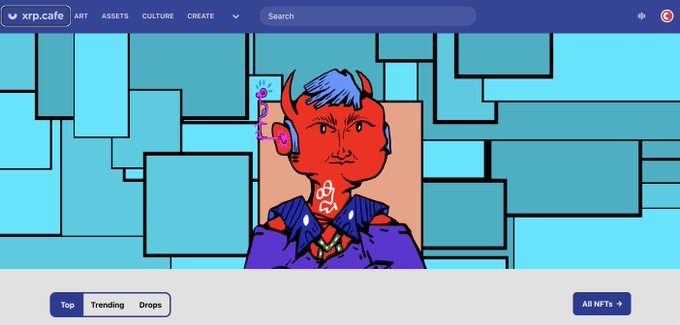 The image shows the xrp.cafe homepage featuring the Dropchan NFT collection as the main visual, with a red-horned character wearing headphones and a purple suit displayed prominently against a blue geometric background. The post indicates this artwork is being replaced, ending Dropchan's long-standing featured spot on the site.