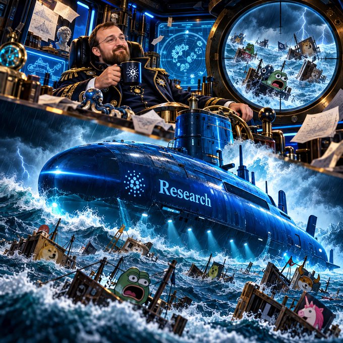 A man with a beard sits in a steampunk-style captain's chair sipping from a cup, while a massive blue submarine labeled 'Research' sails through stormy seas filled with cartoon-faced shipwrecks.