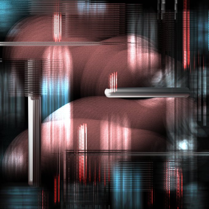An abstract digital composition featuring red, pink, and blue tones with metallic horizontal bars, blurred spherical shapes, and glitch-like vertical line effects.