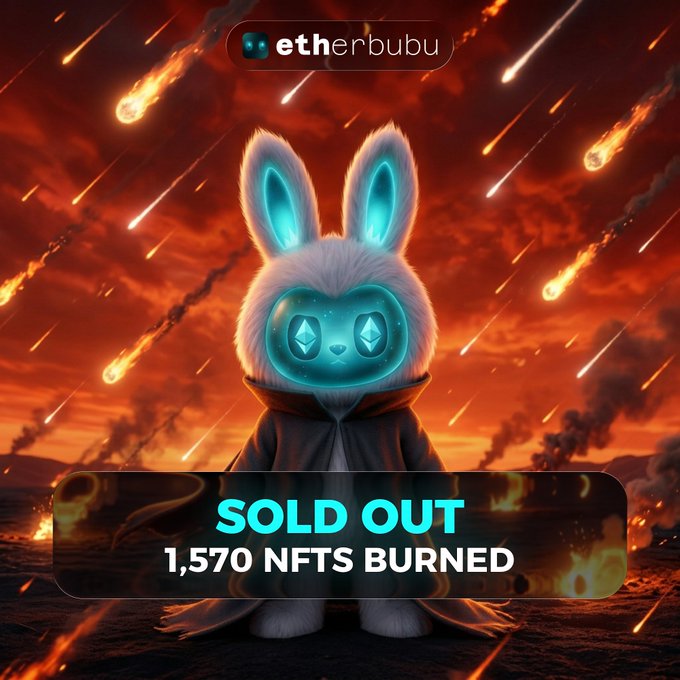 A digital artwork features a glowing blue-eyed bunny character in a hoodie standing amid a fiery meteor shower, with the "etherbubu" logo at the top. A banner announces "SOLD OUT" and "1,570 NFTS BURNED," celebrating the project's complete sell-out and token burn milestone, with secondary trading available on OpenSea.
