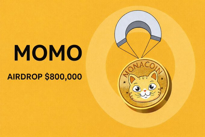 A promotional graphic on an orange background advertises a "$800,000 MOMO airdrop," featuring a gold coin labeled "NONACOIN" with a cat's face, attached to a parachute. The image visually supports the post's airdrop announcement, though the coin design displays "NONACOIN" and "MOMO" branding rather than the "$MONA" token mentioned in the caption.