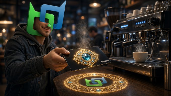 An AI-generated image shows a smiling man wearing a green and blue mask holding a card with an ornate golden emblem in a coffee shop, with a similar glowing emblem on the counter.