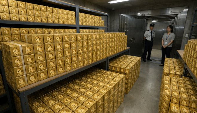 Stacked rows of gold-colored boxes featuring a cartoon dog character fill a warehouse, reminiscent of a "treasure" vault where one might "collect" the Dogecoin meme suggested by the caption. The image depicts a massive stockpile of these branded boxes, visually playing on the idea of hoarding wealth or digital assets.