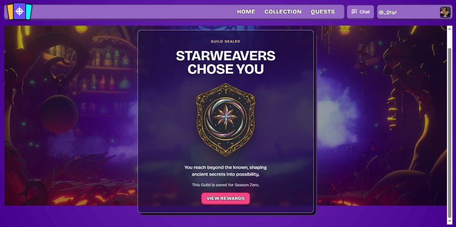 A purple-themed gaming or NFT platform screen titled 'STARWEAVERS CHOSE YOU,' describing a Guild Sealed for Season Zero with a 'VIEW REWARDS' button.
