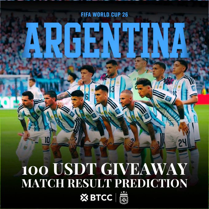 A promotional graphic for a BTCC exchange giveaway featuring the Argentina national soccer team in their white and light blue striped jerseys, with "FIFA WORLD CUP 26 ARGENTINA" and "100 USDT GIVEAWAY MATCH RESULT PREDICTION" text, tied to a Twitter contest requiring users to quote-retweet their match prediction for Argentina vs Egypt.