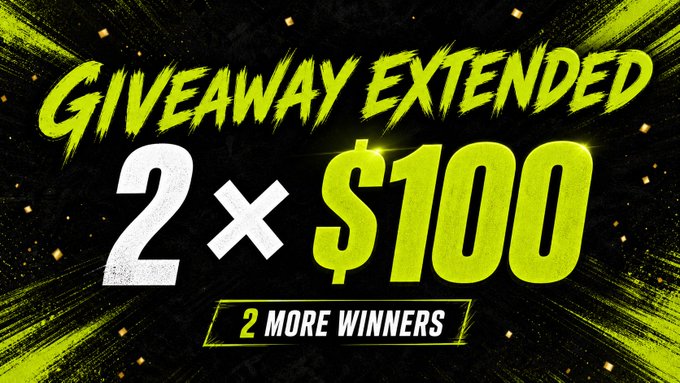 The image is a bold promotional graphic with a black background and vibrant yellow/green paint splatter effects, announcing a "GIVEAWAY EXTENDED" for "2 × $100" prizes, with a tagline stating "2 MORE WINNERS." It appears to be a marketing visual encouraging viewers to add the poster's address/contact for a chance to win cash, aligning with the post's mention of giving out money to maximum touchers who quote their addys.