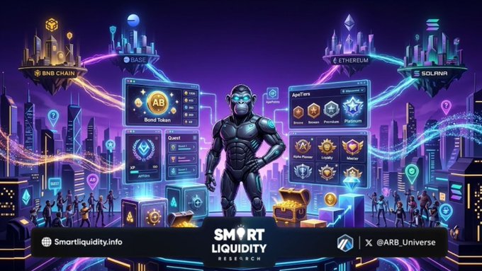A futuristic, neon-lit digital illustration promoting 'SMART LIQUIDITY RESEARCH' featuring a robotic ape figure surrounded by various cryptocurrency platforms like BNB CHAIN, BASE, ETHEREUM, and SOLANA, along with interface elements like 'ApeTerra' and 'Quest'.