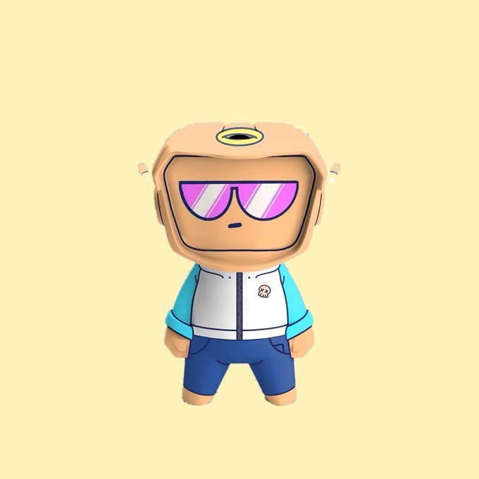 A 3D-rendered cartoon character wearing a hoodie, pink sunglasses, a blue and white jacket, and blue shorts stands against a pale yellow background.