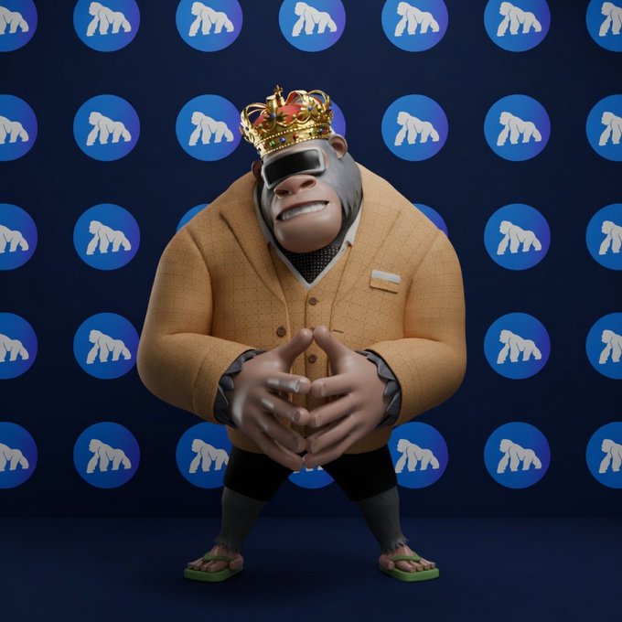 The image features a cartoon gorilla wearing a suit, standing against a blue background with white circles scattered around him. The gorilla has a crown on his head, giving him an air of regality or importance. In the bottom right corner of the image, there is text that reads "Added a bag of APE today In mfigge we trust!!". This suggests that the image might be related to a promotional campaign for APE products or services.