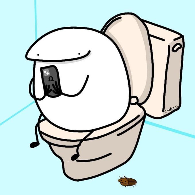 urn with a white lid and handle, accompanied by a cartoon toilet seat occupant using a cell phone.